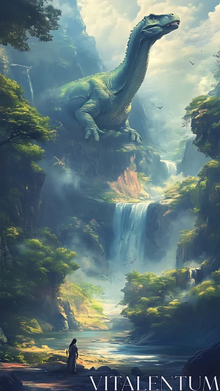 Colossal dinosaur guardian above misty emerald waterfalls.