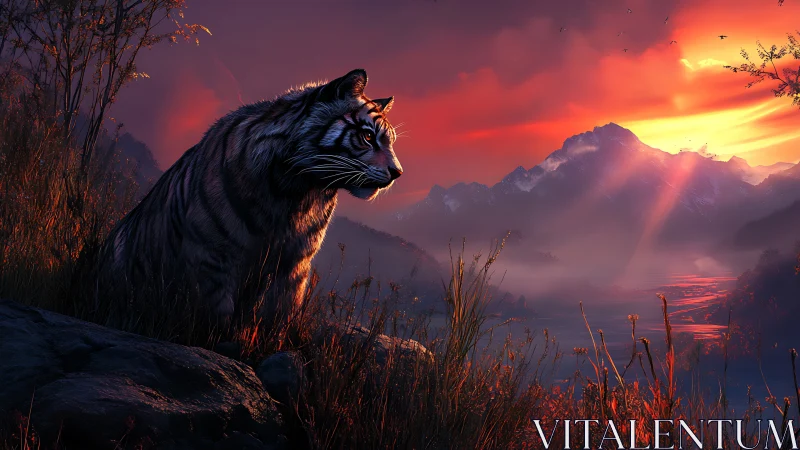 Sunset-lit tiger quietly watches over a glowing valley