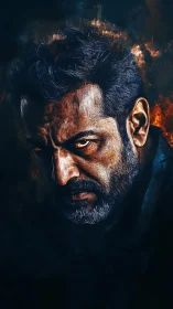 Textured digital portrait shows intense male gaze with fiery rim lighting