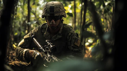 Soldier in camouflage gear maintains position in dense jungle