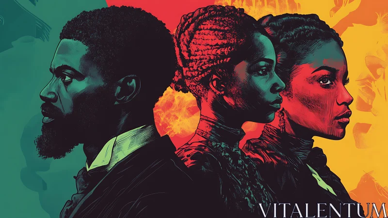 Profile illustration of three figures in colored gradients.