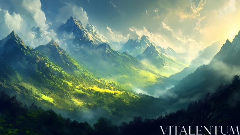 Mountain valley shows layered peaks, mist, and bright sunlight