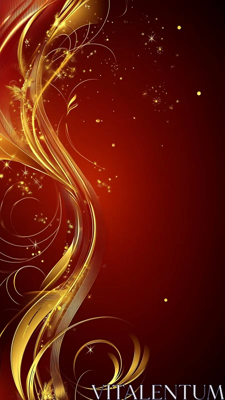 Gilded swirls ascend through crimson night with stardust glow.