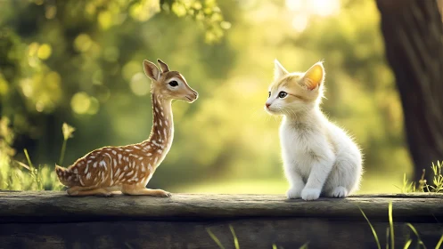 Young fawn and kitten on wooden log in soft forest light.