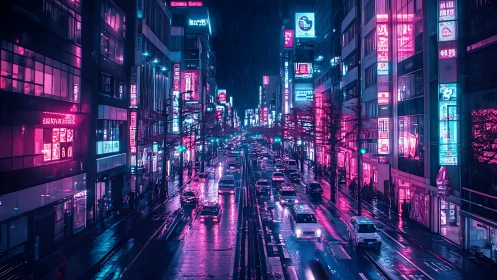 Neon-lit city street at night with wet road and traffic flow.