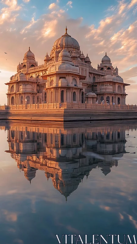 Sunlit temple reflects in tranquil water at pastel sunset