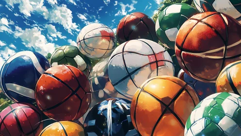 Color-saturated sports balls cluster under vivid summer sky