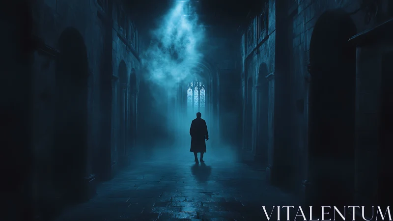 Backlit figure in fog-filled gothic corridor under blue volumetric light