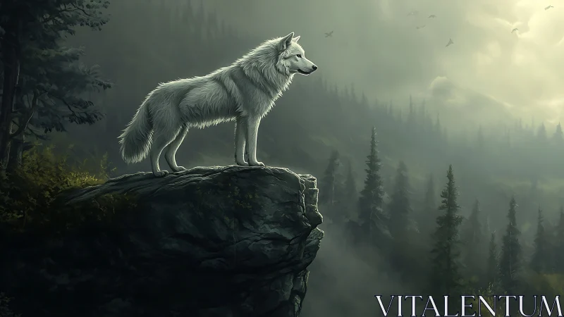 Lone white wolf crowned by mist on a brooding cliff edge.