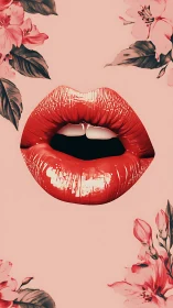 Glossy red lips with floral accents on blush backdrop.