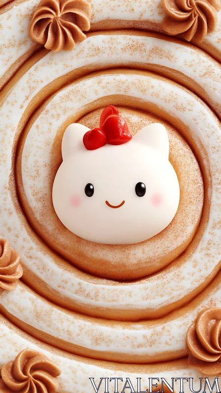 Decorative white cat face on layered circular pastry background.
