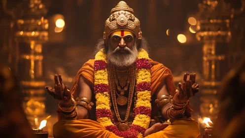 Sacred Hindu guru in golden temple light during ritual meditation.