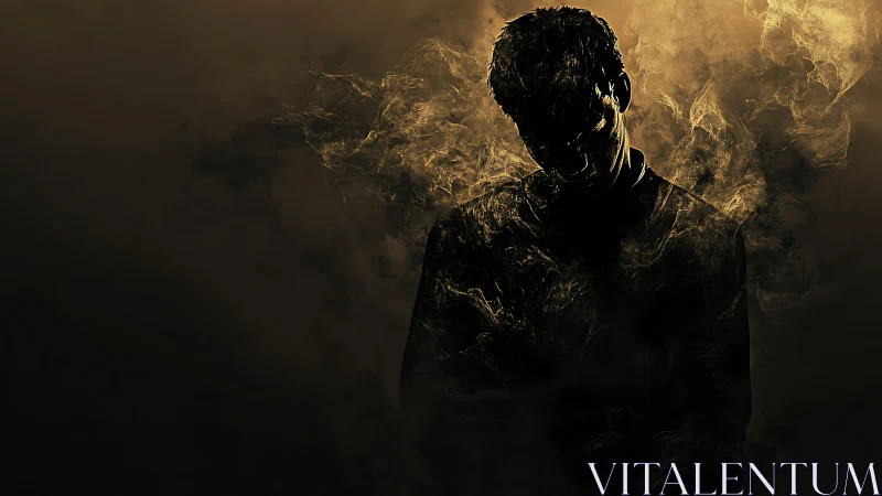 Backlit male silhouette dissolves into turbulent golden smoke field