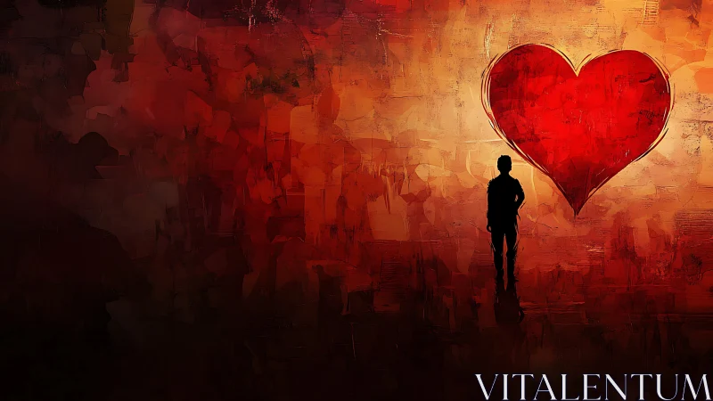Silhouetted Figure Confronts Luminous Red Heart.