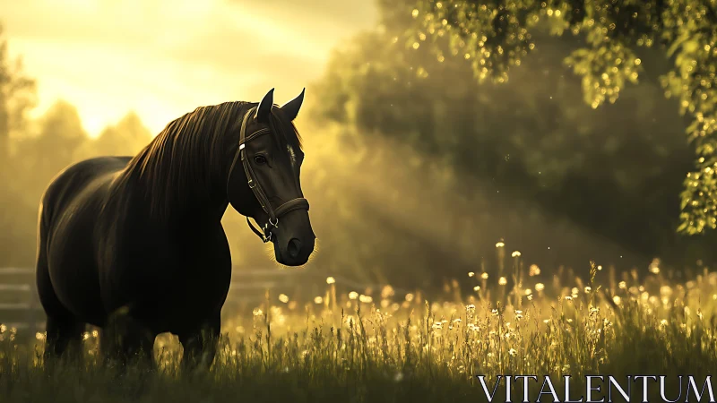 Chestnut horse in golden backlit meadow at sunset glow.