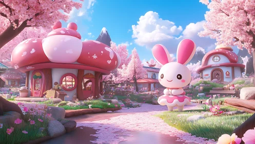Cartoon rabbit village with mushroom houses in spring.
