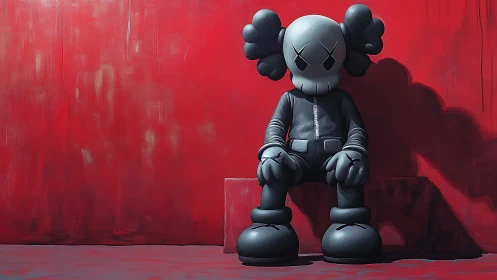 Moody vinyl figure slumps against distressed crimson wall.