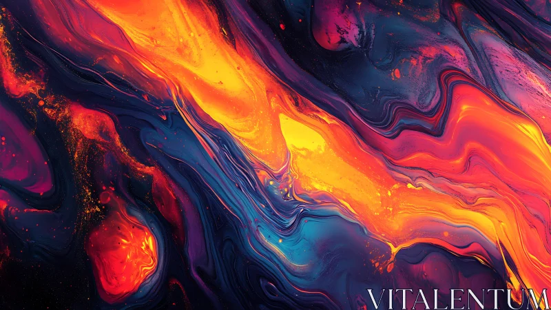 Neon lava currents flow through deep cosmic indigo field.