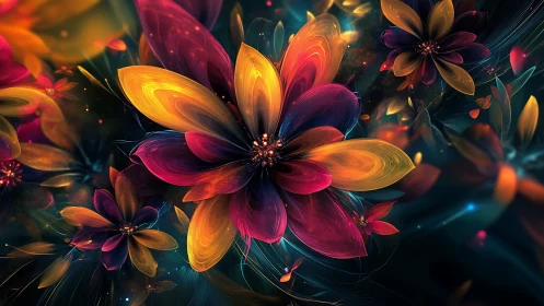 Digital painting of luminous abstract nebula blossoms in bloom.