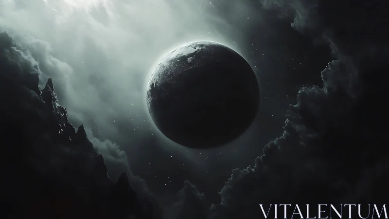 Quiet moonlit world embraced by stormy cosmic clouds.