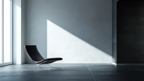 Minimalist Interior with Black Lounge Chair and Dramatic Sunlight.