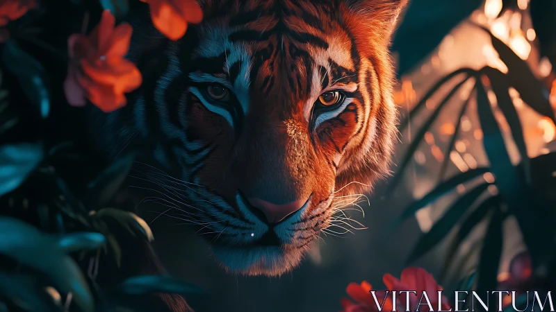 Digital painting of tiger portrait in luminous jungle chiaroscuro.