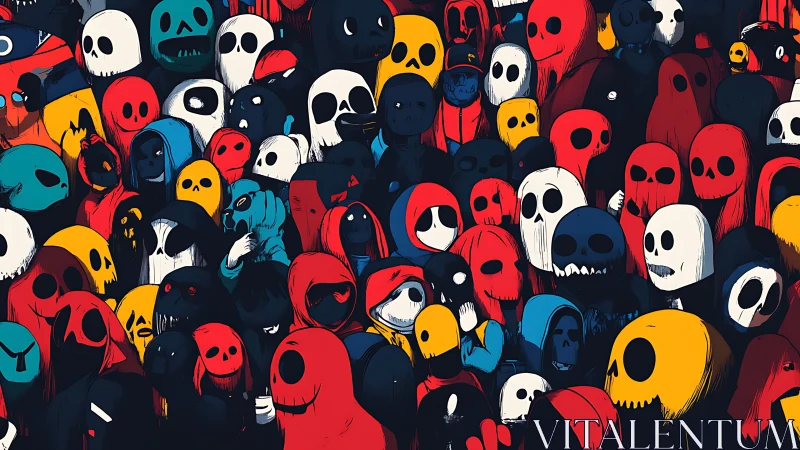 Crowd of stylized hooded skull figures in bold colors.