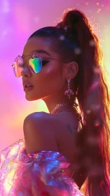 Iridescent glam portrait glows in neon sunset light.