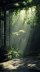 Sunlit overgrown courtyard bench under ivy canopy.