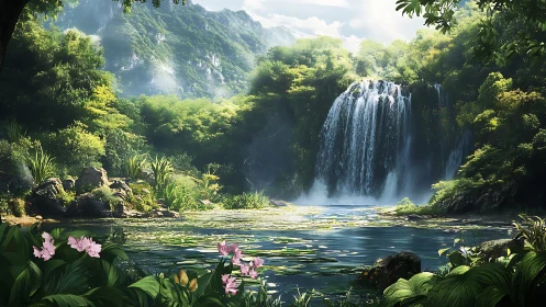 Lush waterfall basin with layered foliage and volumetric sunlight