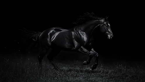 Black horse galloping in dark low key lighting at night.