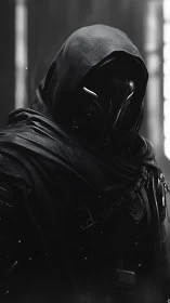 Midnight sentinel draped in obsidian techwoven shadows waits