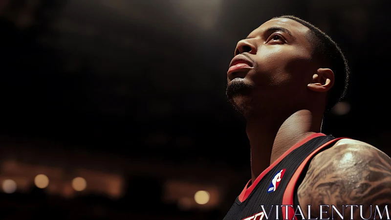 Focused basketball player gazes upward under arena lights