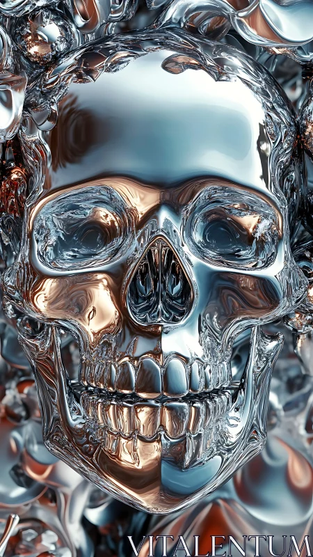 Chromed skeletal head in reflective parametric 3D shell.