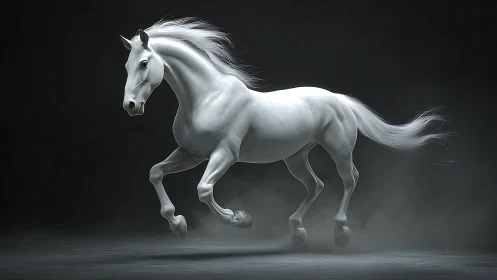 Galloping white stallion in cinematic low‑key dust haze.