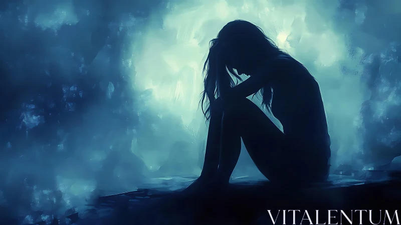 Silhouetted woman sits in solitude within cold blue haze