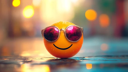 Smiling emoji sphere wearing sunglasses on wet street.