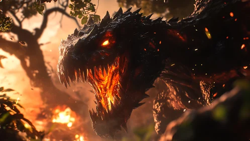 Inferno-jawed forest dragon roaring through molten dusk.