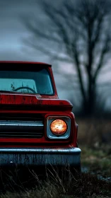 Photorealistic close-up of red vintage truck in moody field.