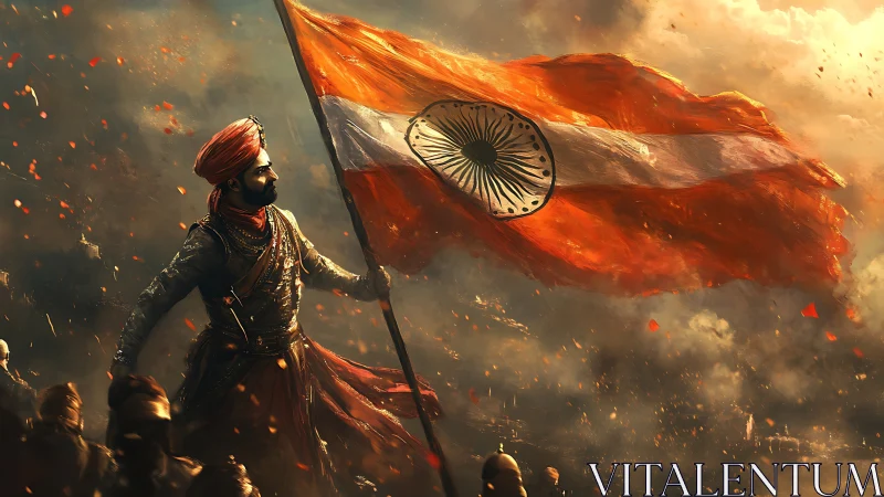 Dynamic warrior standard-bearer under turbulent, ember-lit sky