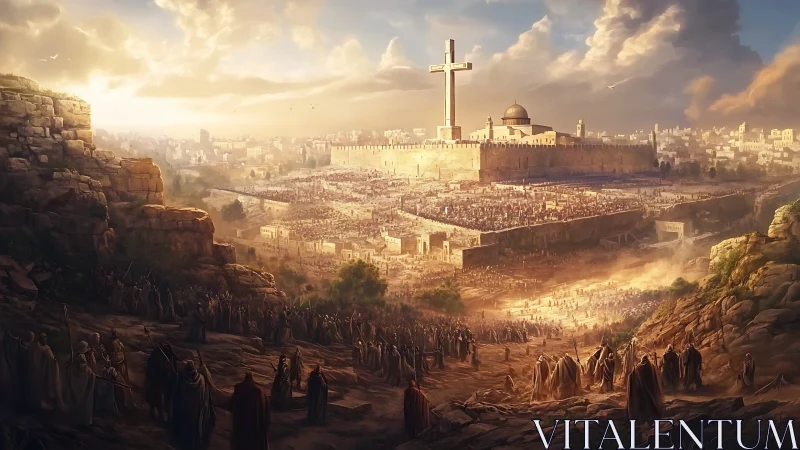 Panoramic ancient cityscape with monumental cross and vast crowd