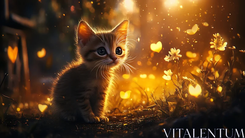 Young feline subject positioned in warm-toned botanical environment with ambient light particles.