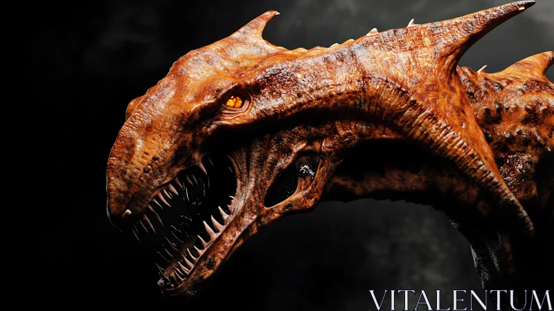 Fiery-eyed dragon profile glowing against a shadowy sky.