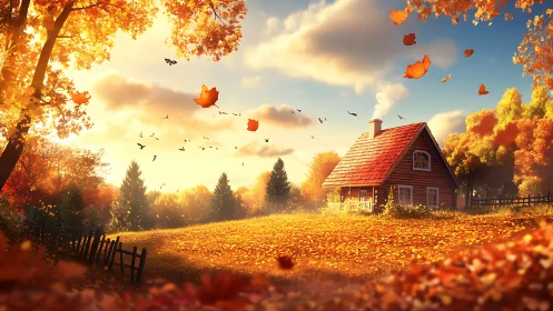 Golden autumn cottage under drifting leaves at sunset.