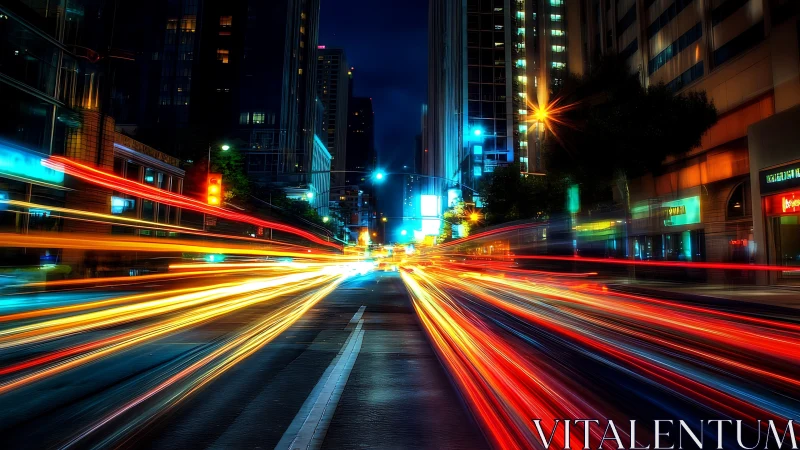 Light trails streak through dense high rise city street at night
