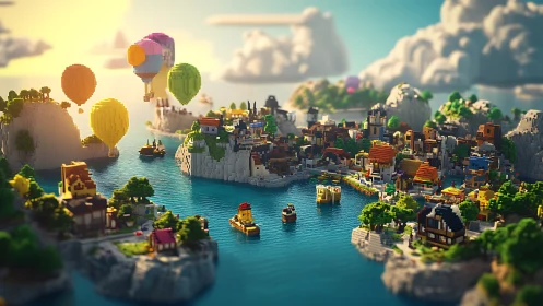 Voxel seaside harbor with hot air balloons under warm daylight