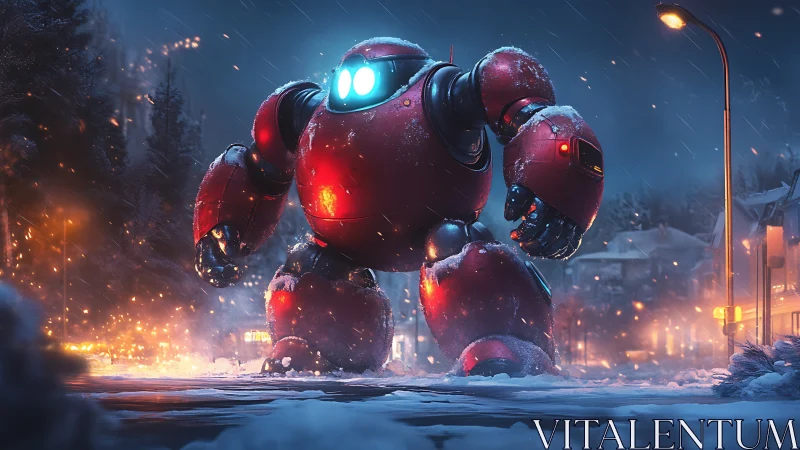 Red combat mech patrols snowy neon-lit winter street.