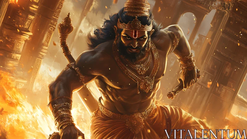 Mythic warrior figure amid burning temple architecture.