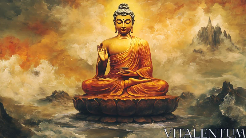 Golden seated Buddha on lotus amid diffuse clouded landscape.