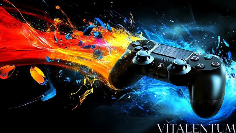 Dynamic gaming controller amid explosive color streams.